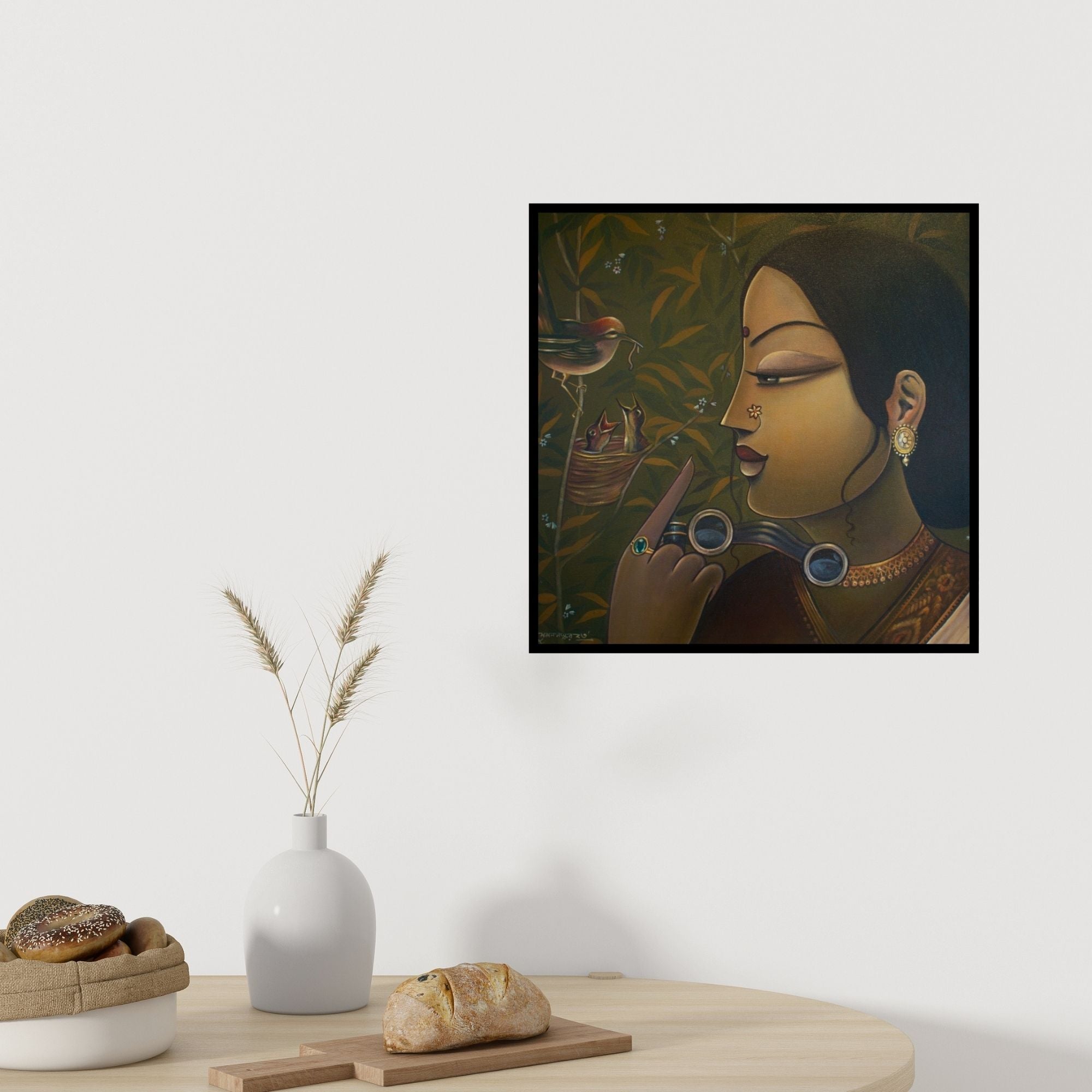 In-situ view of Sumon Naskar's 'Charulata (Serene Meditation)' painting in a room