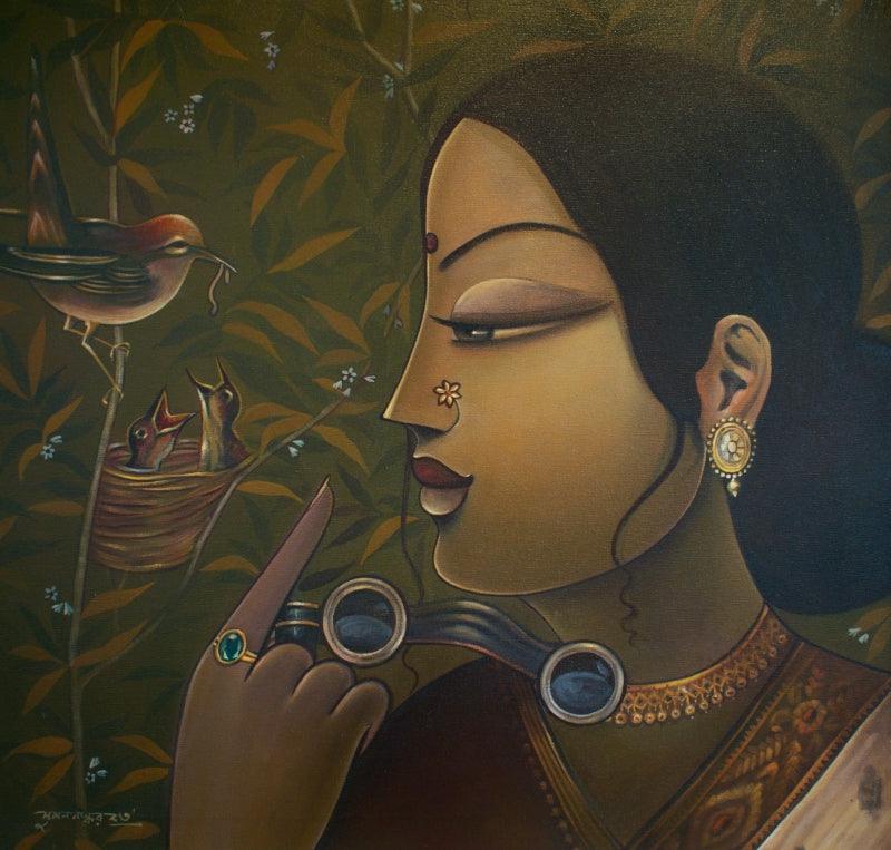 Figurative acrylic painting titled 'Charulata', 24x24 inches, by artist Sumon Naskar on Canvas