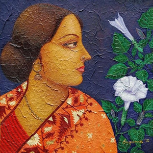 Charulata Ii by Suparna Dey, Original Oil Figurative Painting on Canvas, X-Small Square Wall Art
