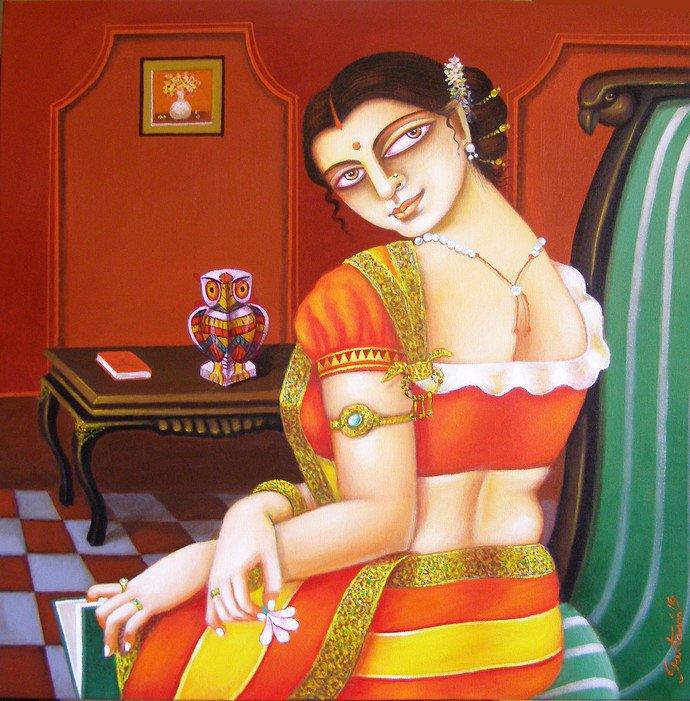 Figurative acrylic painting titled 'Charulata III', 22x22 inches, by artist Gautam Mukherjee on Canvas