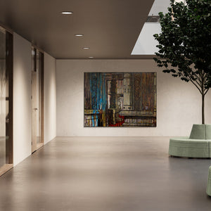 In-situ view of Suruchi Jamkar's 'Chat In Temple Courtyard' painting in a room