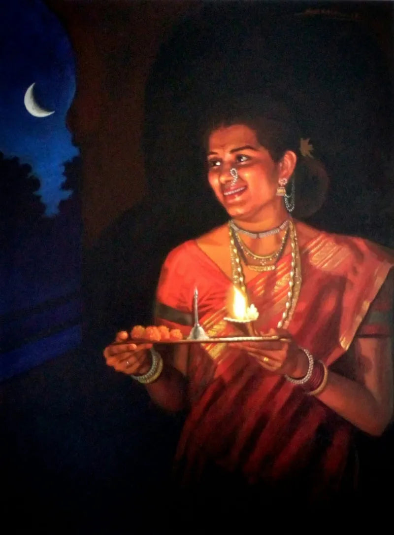 Figurative acrylic painting titled 'Chaturthi', 40x30 inch, by artist Prasad Kulkarni on Canvas