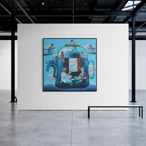 Preview of 'Chay Pe Charcha (Tea Time in the Clouds)' Painting by Sanju Das shown on a wall in a furnished room.