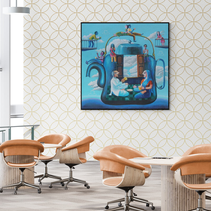 In-situ view of Sanju Das's 'Chay Pe Charcha (Tea Time in the Clouds)' painting in a room