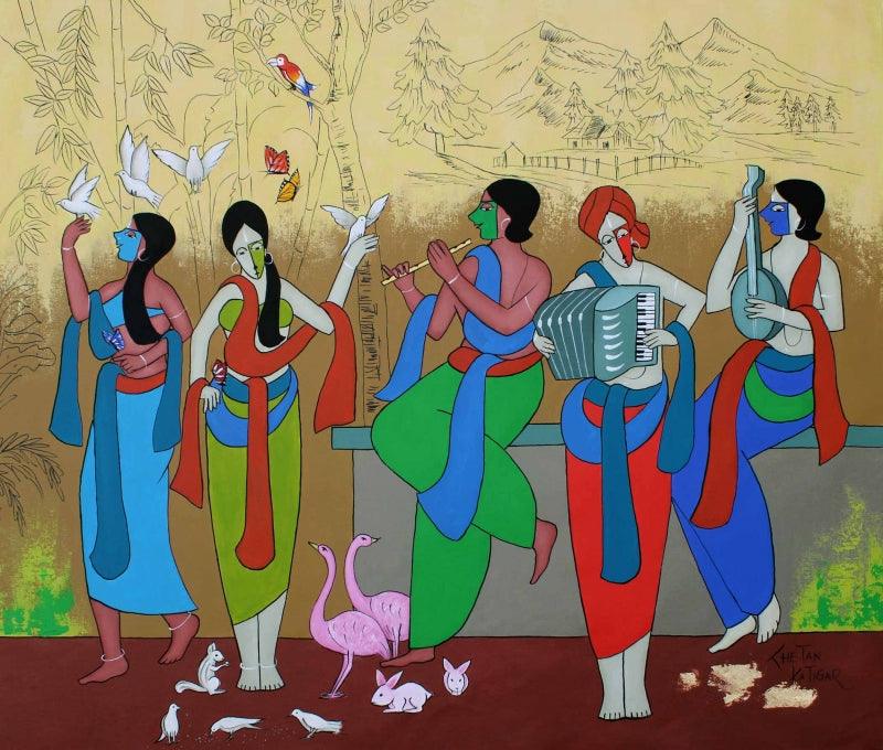 contemporary acrylic painting titled 'Cheerfulness', 45x52 inches, by artist Chetan Katigar on acrylic on canvas