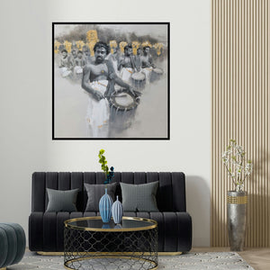 Pankaj Bawdekar's 'Chenda Melam 1' painting visualized above a sofa in a contemporary room.