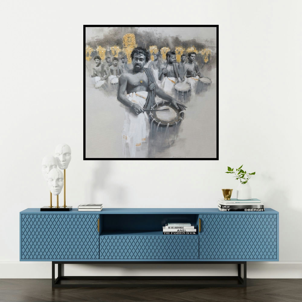 'Chenda Melam 1' painting by Pankaj Bawdekar shown on a wall in a furnished room.