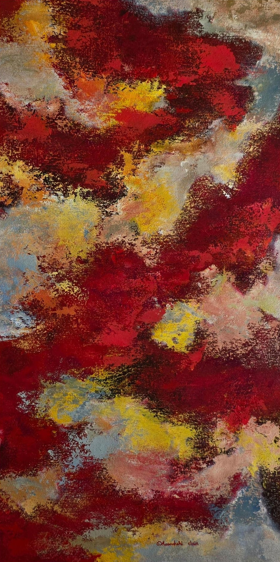 Cherry Vibes' abstract acrylic painting by artist Meenakshi Jain, 40x18 inch, on canvas