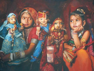 Cherubs Of Rajasthan by Jinal Gada Gala, Original Oil Toys Painting on Canvas, Medium Horizontal Wall Art