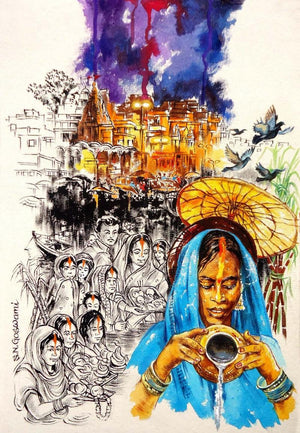 Chhath (Chhath Puja Celebration) by Shambhu Nath Goswami, Original Mixed Media Religious Painting on Paper, Small Vertical Wall Art