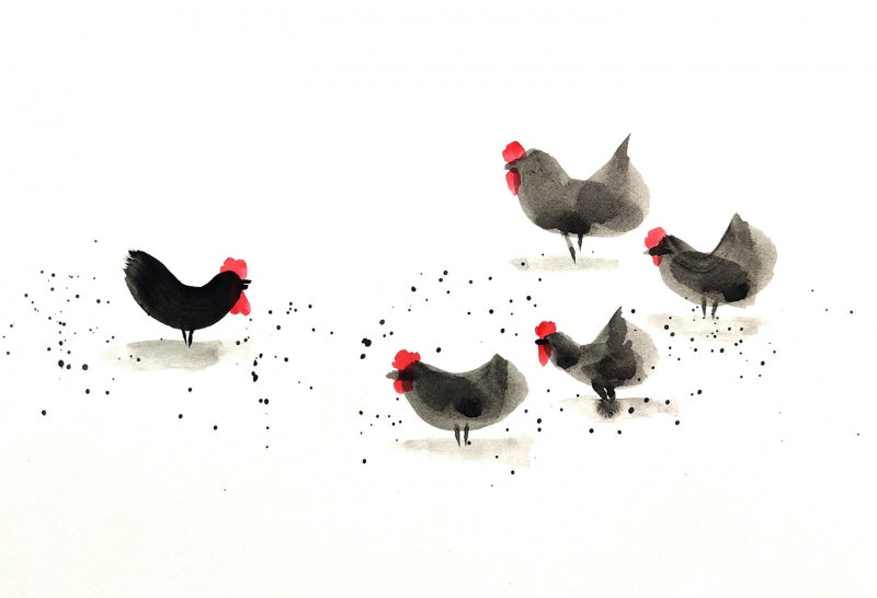 Chicken 3' animals ink drawing by artist Ashok Hinge, 8x12 inch, on paper