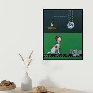 Ankur Singla's 'Chicken Love' painting visualized above a sofa in a contemporary room.