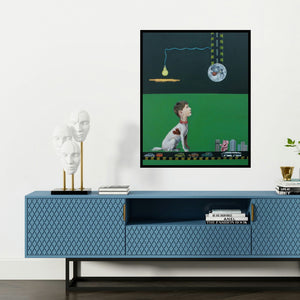 'Chicken Love' painting by Ankur Singla shown on a wall in a furnished room.