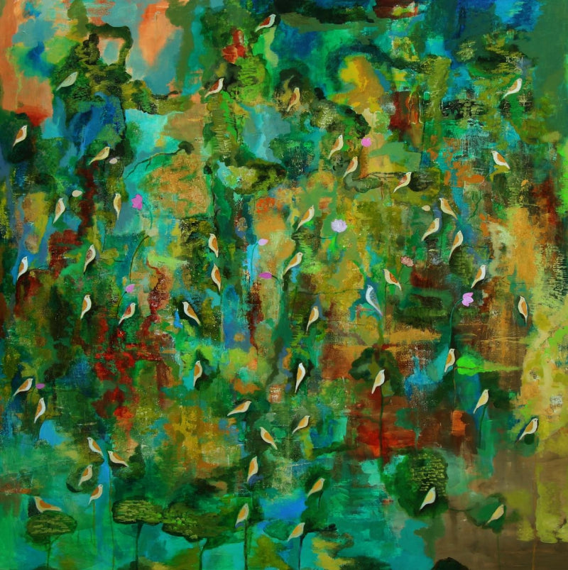 Chidiya' nature acrylic painting by artist Sunayana Malhotra, 60x60 inch, on canvas