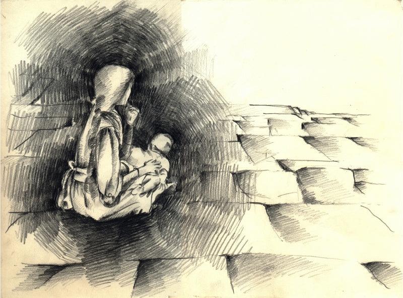 Expressionist charcoal drawing titled 'Child In Sister', 11x16 inches, by artist Abhay Gupta on Paper