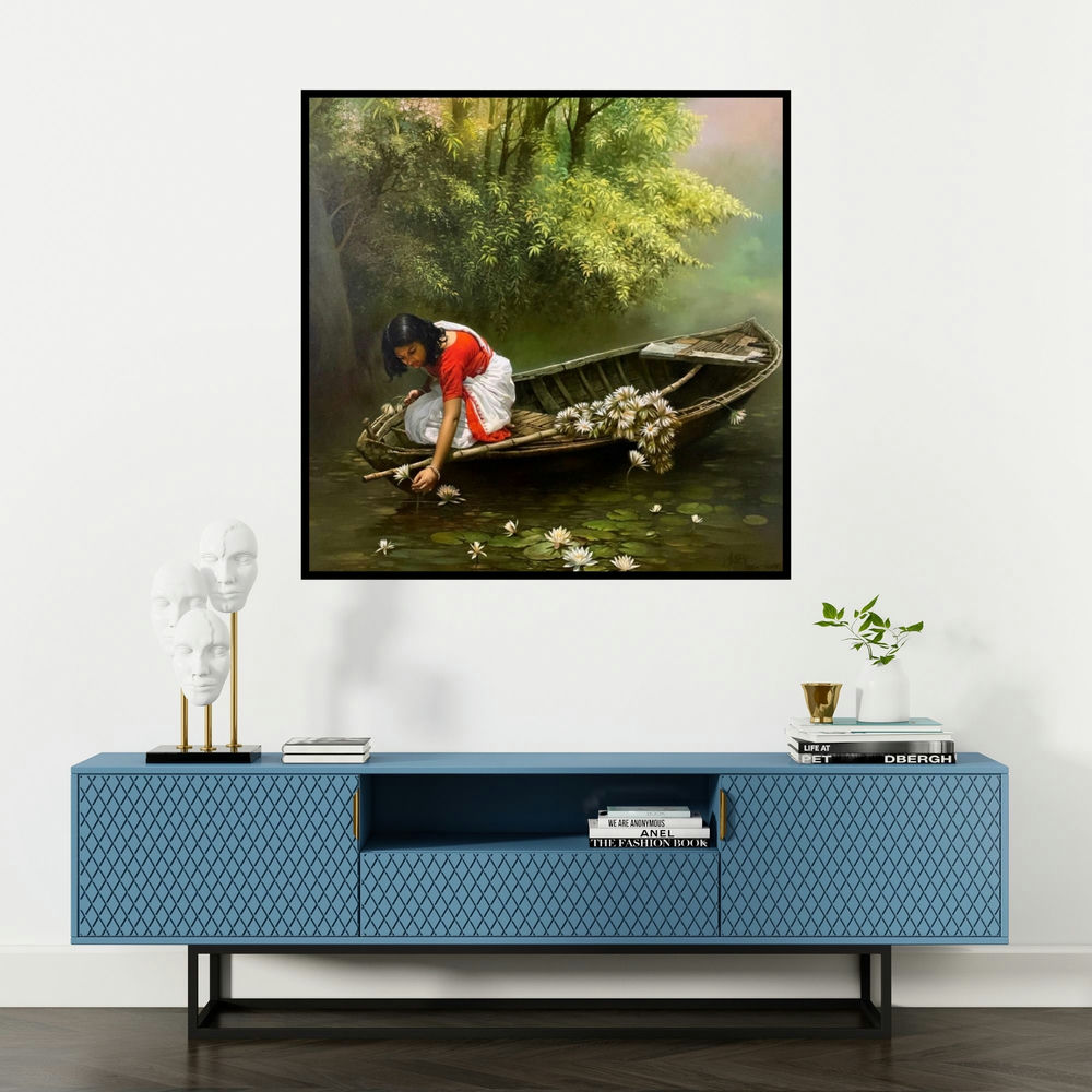 'Childhood (Divine Melody)' painting by Amit Bhar shown on a wall in a furnished room.