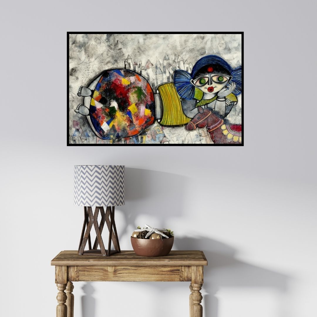 In-situ view of Sharmi Dey's 'Childhood' painting in a room