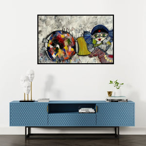 Preview of 'Childhood' Painting by Sharmi Dey shown on a wall in a furnished room.