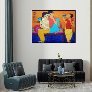 Dnyaneshwar Bembade's 'Childhood Fun' painting visualized above a sofa in a contemporary room.
