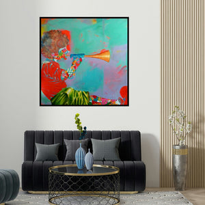 Shiv Kumar Soni's 'The Childhood Iii' painting visualized above a sofa in a contemporary room.
