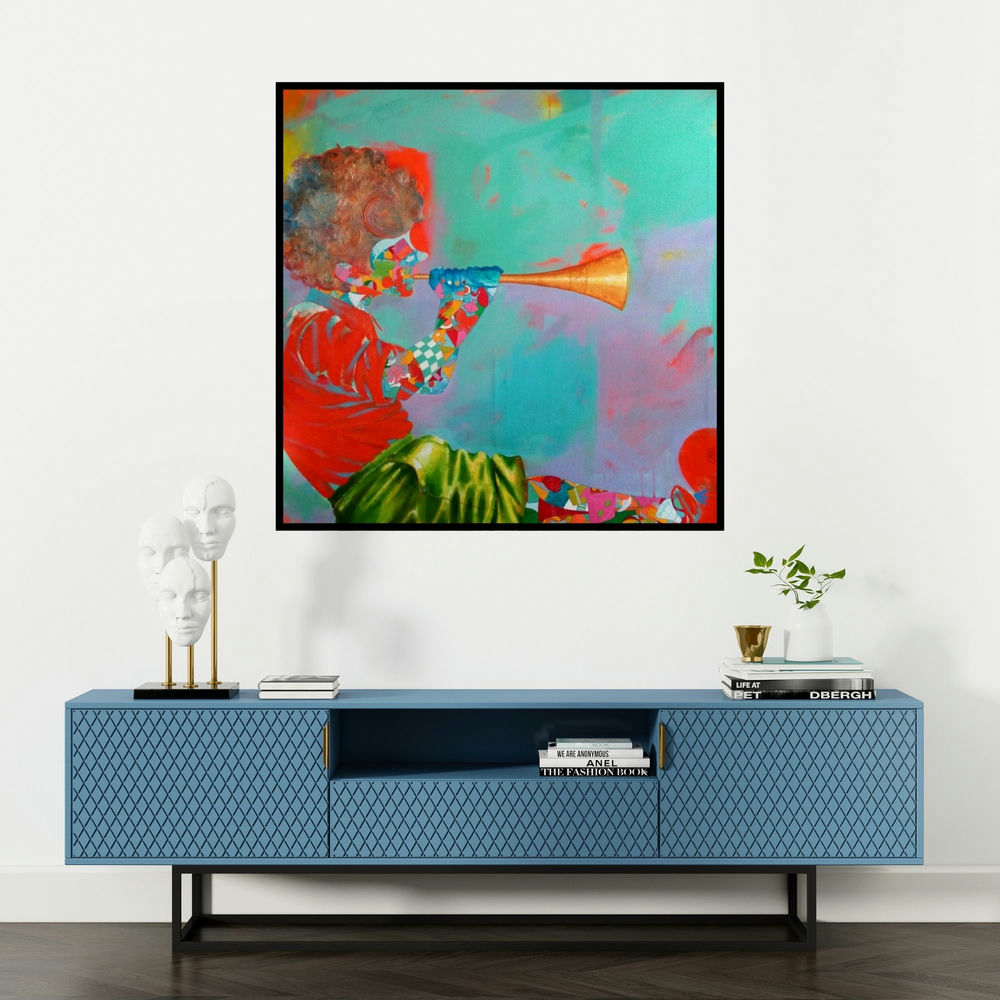 'The Childhood Iii' painting by Shiv Kumar Soni shown on a wall in a furnished room.