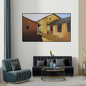 Sandeep Ghule's 'Childhood Memories 1 (A Village Morning)' painting visualized above a sofa in a contemporary room.