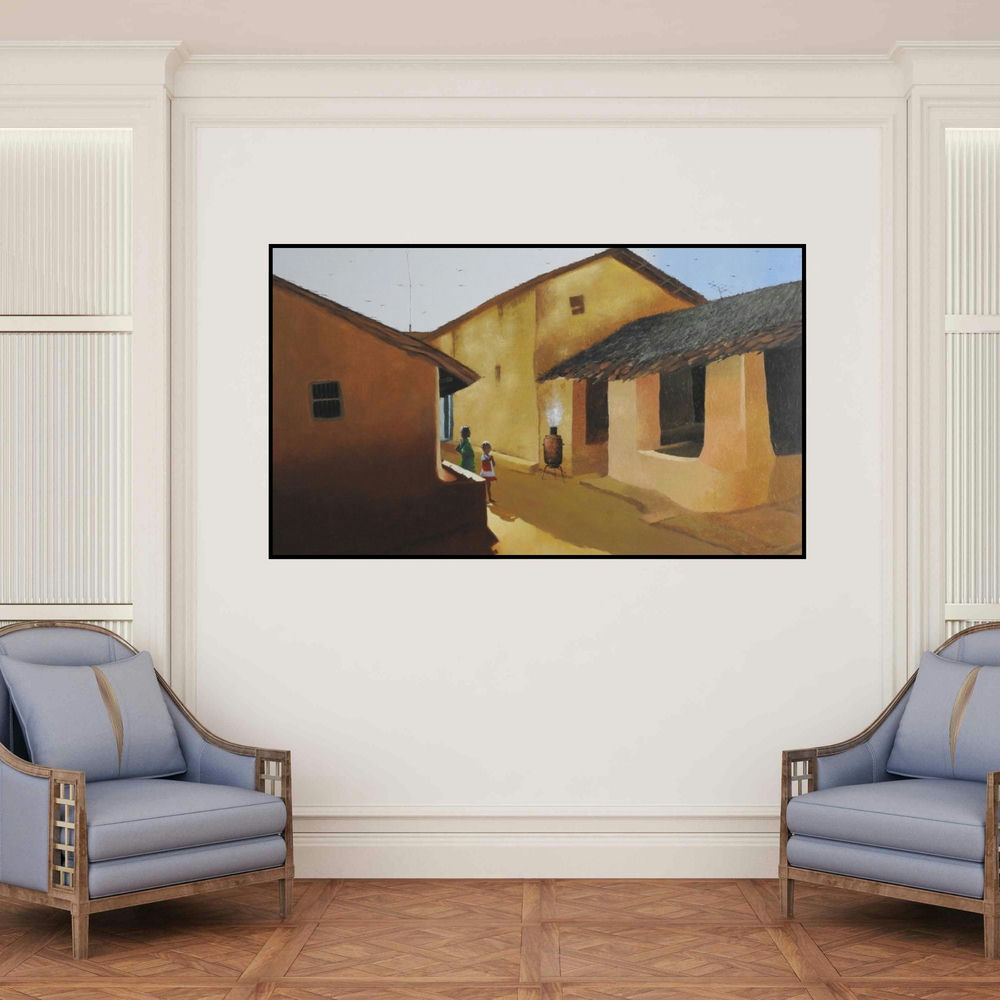 'Childhood Memories 1 (A Village Morning)' painting by Sandeep Ghule shown on a wall in a furnished room.