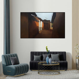 Sandeep Ghule's 'Childhood Memories (Quiet Corner)' painting visualized above a sofa in a contemporary room.