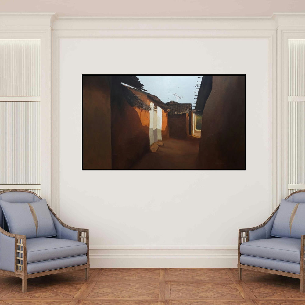 'Childhood Memories (Quiet Corner)' painting by Sandeep Ghule shown on a wall in a furnished room.