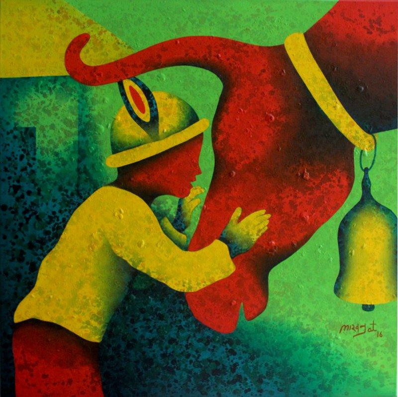 Animals acrylic painting titled 'Childhood Memories', 24x24 inches, by artist Lakhan Singh Jat on Canvas