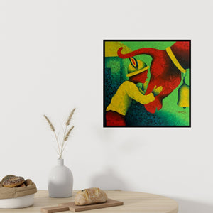 In-situ view of Lakhan Singh Jat's 'Childhood Memories (A Tender Bond)' painting in a room