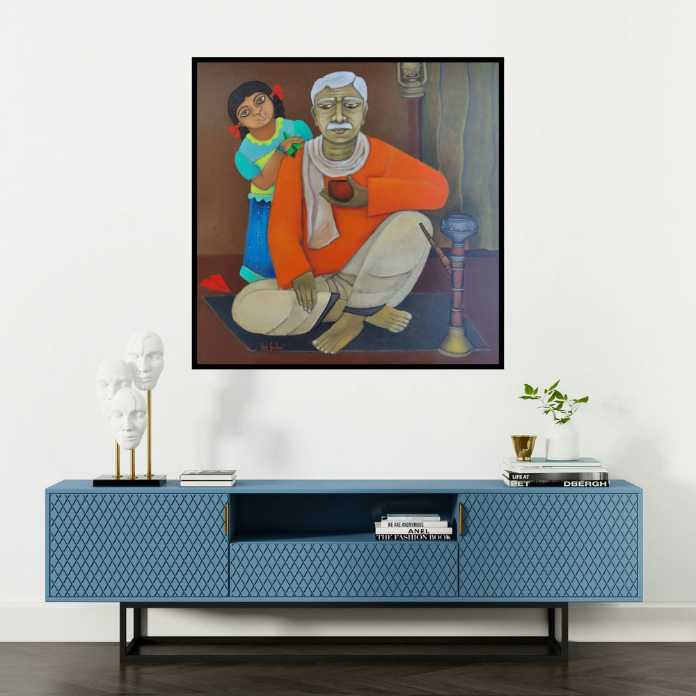 'Childhood Memory (A Quiet Moment)' painting by Piyali Sarkar shown on a wall in a furnished room.