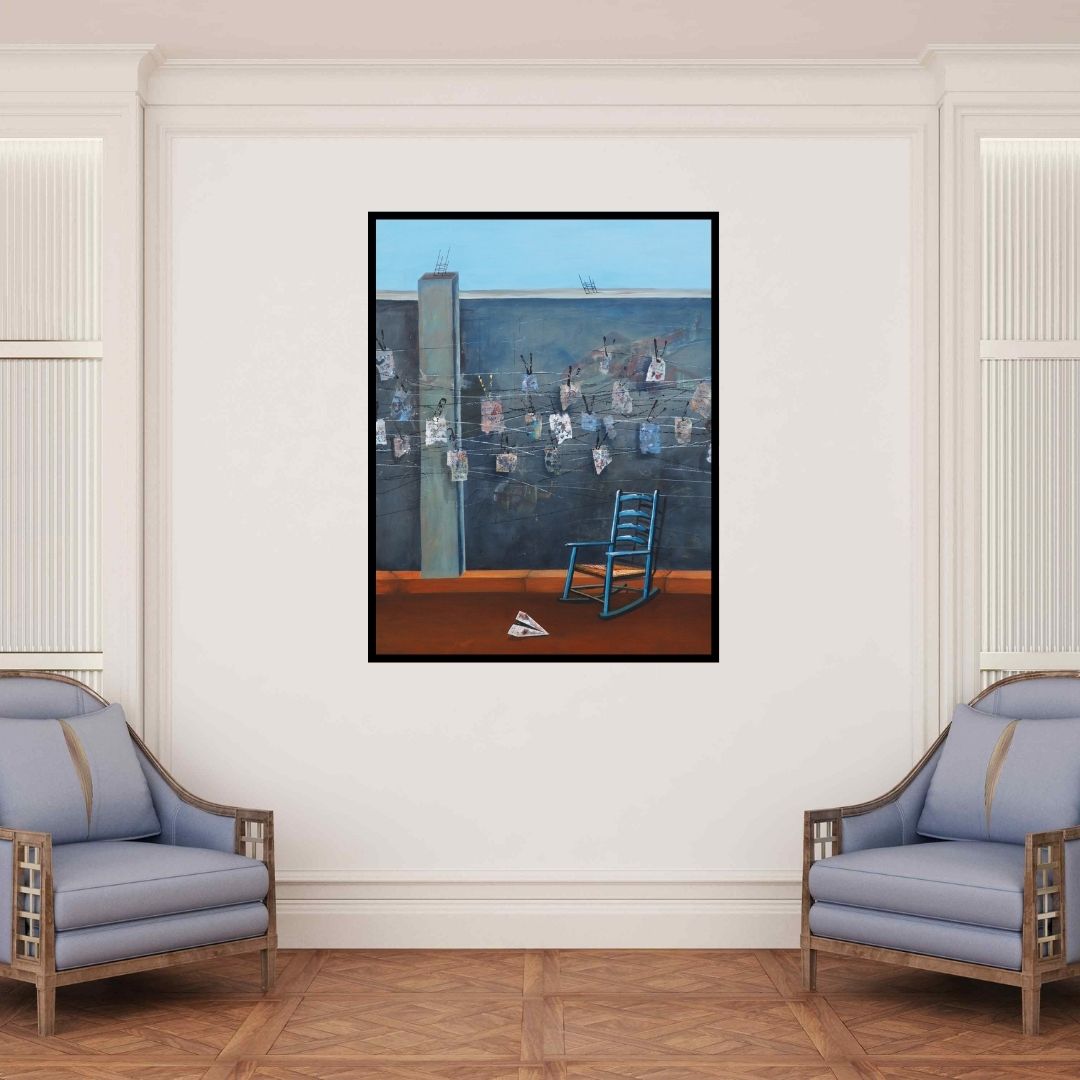 In-situ view of Isha Bawiskar's 'Childhood Obstacles (Beyond the Wall)' painting in a room