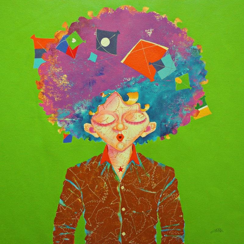 Figurative acrylic painting titled 'Childhood Passion 12', 24x24 inches, by artist Shiv Kumar Soni on Canvas