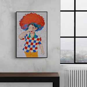 Preview of 'Childhood Passion 15' Painting by Shiv Kumar Soni shown on a wall in a furnished room.