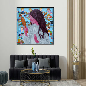 Deepali S's 'Childhood Secrets 2' painting visualized above a sofa in a contemporary room.