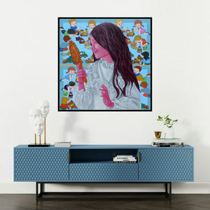 'Childhood Secrets 2' painting by Deepali S shown on a wall in a furnished room.