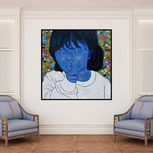 In-situ view of Deepali S's 'Childhood Secrets' painting in a room