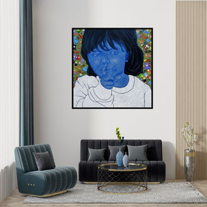 Preview of 'Childhood Secrets' Painting by Deepali S shown on a wall in a furnished room.