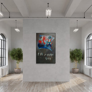 Preview of 'The Childhood Swinging With Kite' Painting by Shiv Kumar Soni shown on a wall in a furnished room.