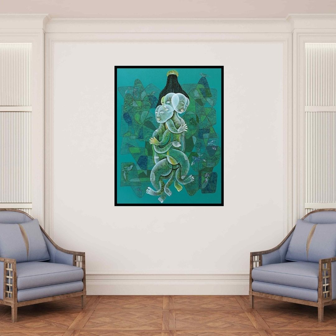 In-situ view of Dharmendra Kumar's 'Children Park 1 (The Cosmic Dance)' painting in a room