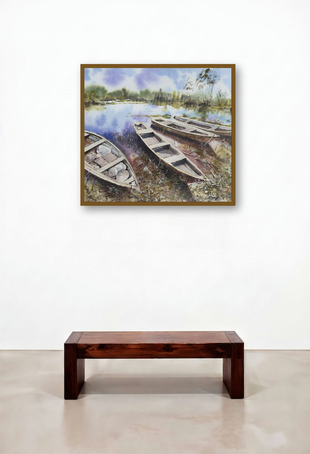 Chilika Fishing Boats (Peaceful Waters) by artist Mrutyunjaya Dash displayed in a Transitional Dining Room