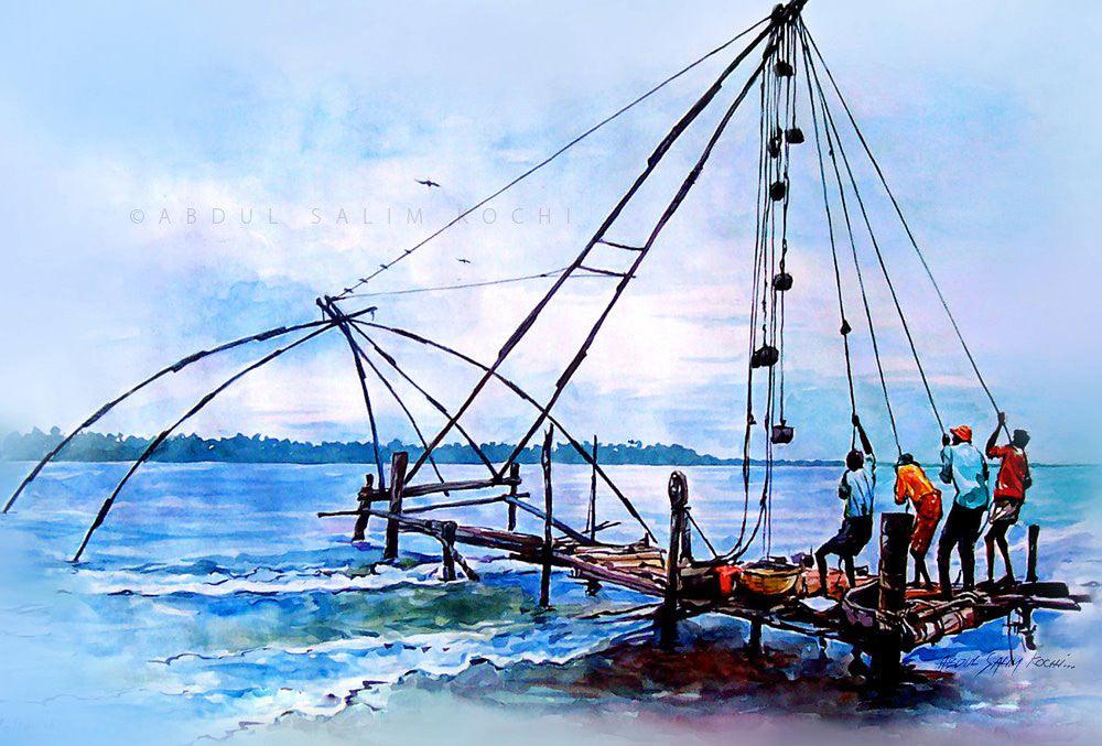 Seascape watercolor painting titled 'Chinese Net 2', 11x14 inches, by artist Abdul Salim on Paper