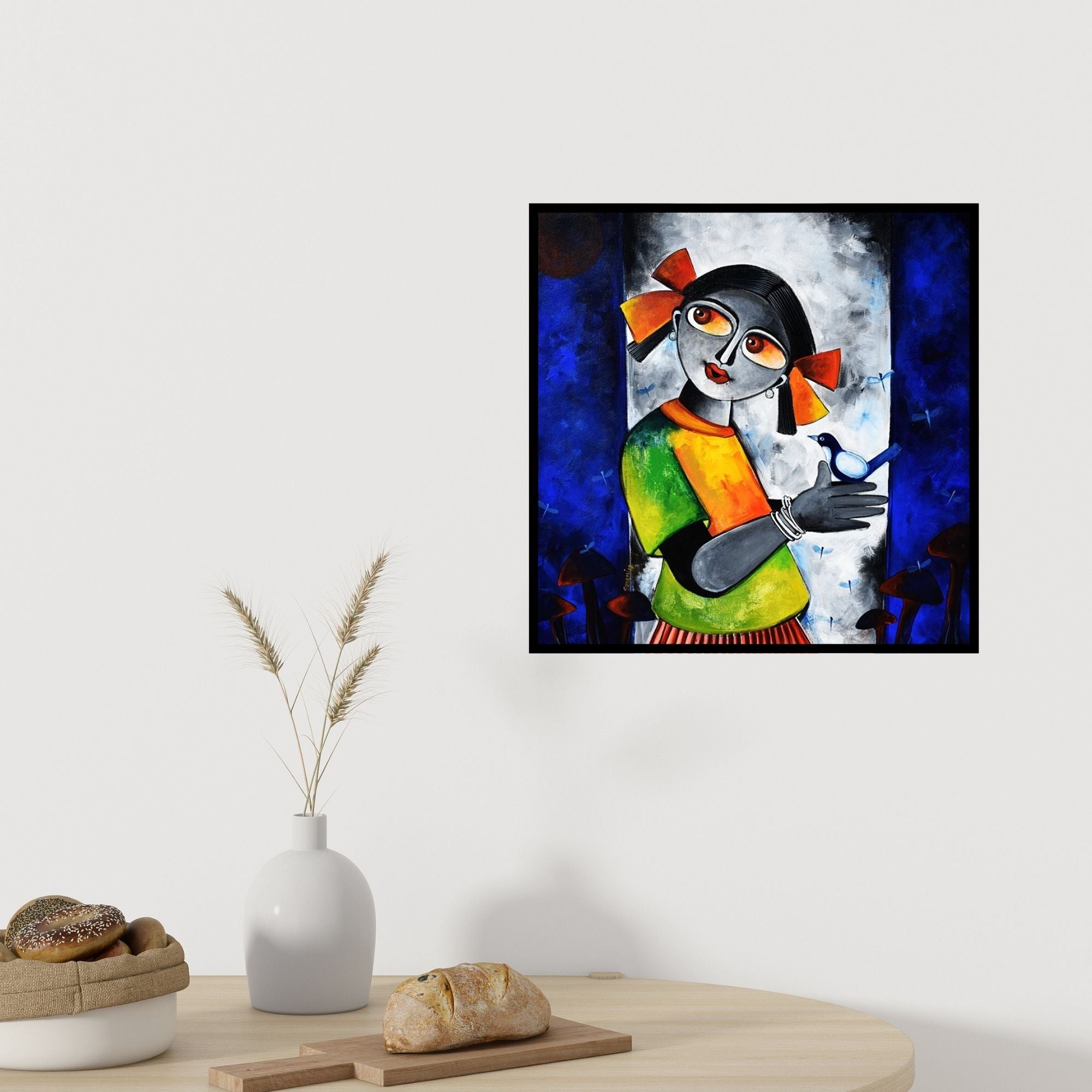 In-situ view of Sharmi Dey's 'Chirping Thoughts (A Moment of Connection)' painting in a room