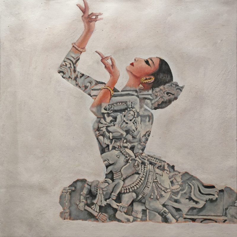 'Chiseled Stories 1' figurative acrylic-oil painting by artist Srinivasa Ram Makineedi, 24x24 inch, on canvas