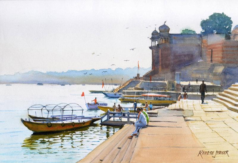 Landscape watercolor painting titled 'Chit Chat By The Ghat Varanasi', 12x16 inches, by artist Ramesh Jhawar on Paper