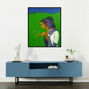 Sanjay Tikkal's 'Chit Chat' painting visualized above a sofa in a contemporary room.