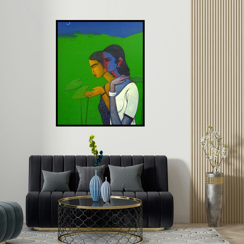 'Chit Chat' painting by Sanjay Tikkal shown on a wall in a furnished room.