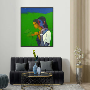 'Chit Chat' painting by Sanjay Tikkal shown on a wall in a furnished room.