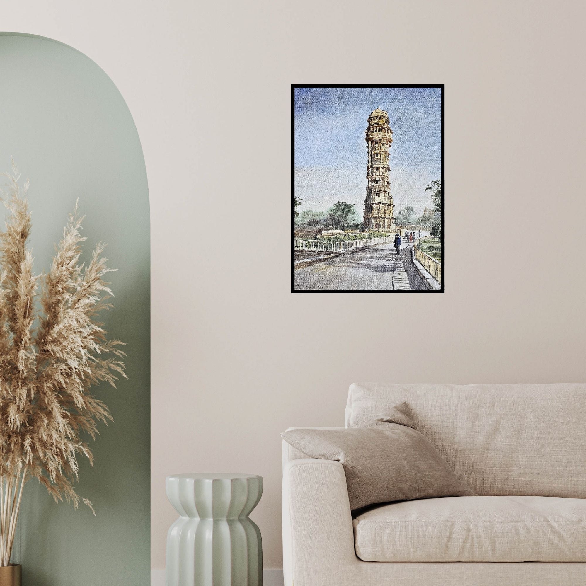 In-situ view of Ranabir Saha's 'Chittorgarh Fort (Towering Vijay Stambh)' painting in a room